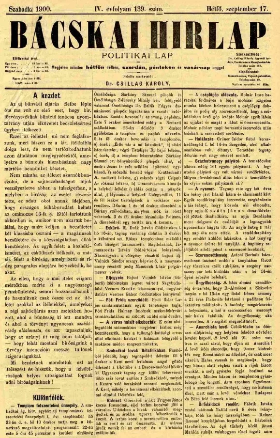 Bácskai Hirlap, 4. évf. 1900. szeptember 17. 139. sz.