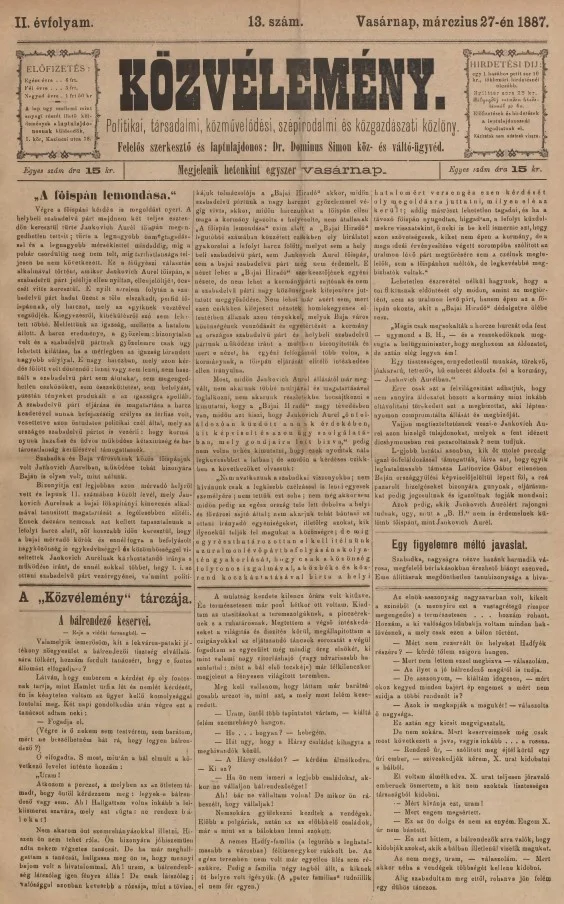 Közvélemény, 2. évf. 1887. március 27. 13. sz.