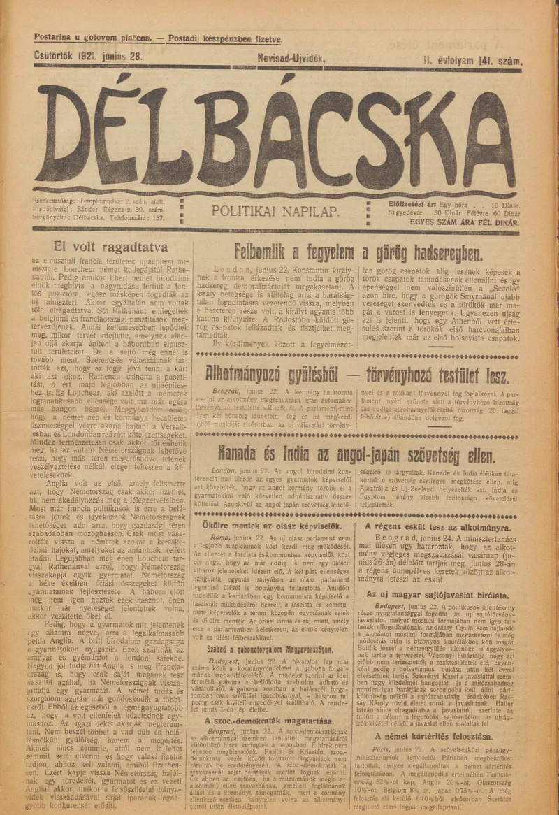 Délbácska, 2. évf. 1921. június 23. 141. sz.