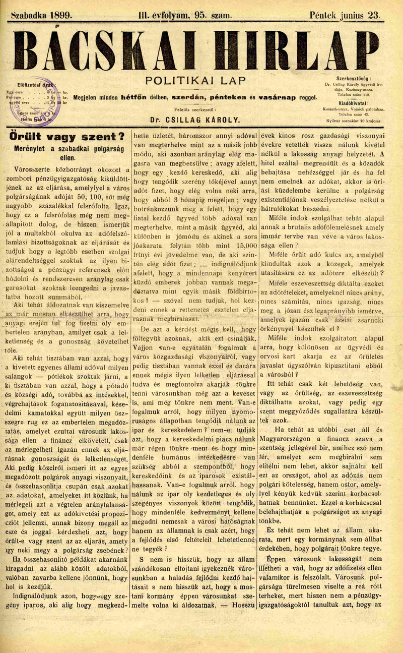 Bácskai Hirlap, 3. évf. 1899. június 23. 95. sz.