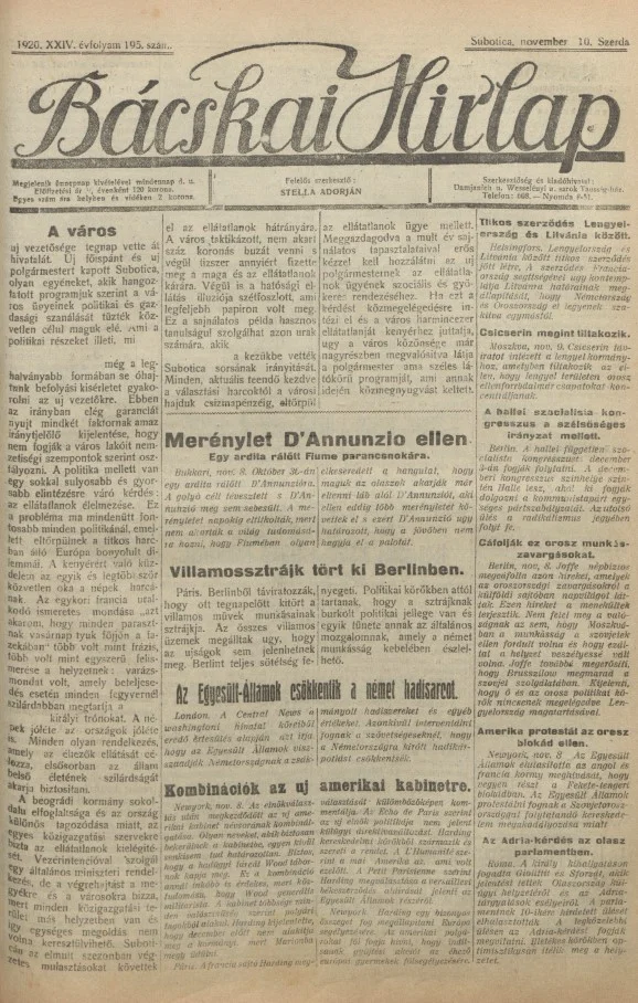 Bácskai Hirlap, 24. évf. 1920. november 10. 195. sz.