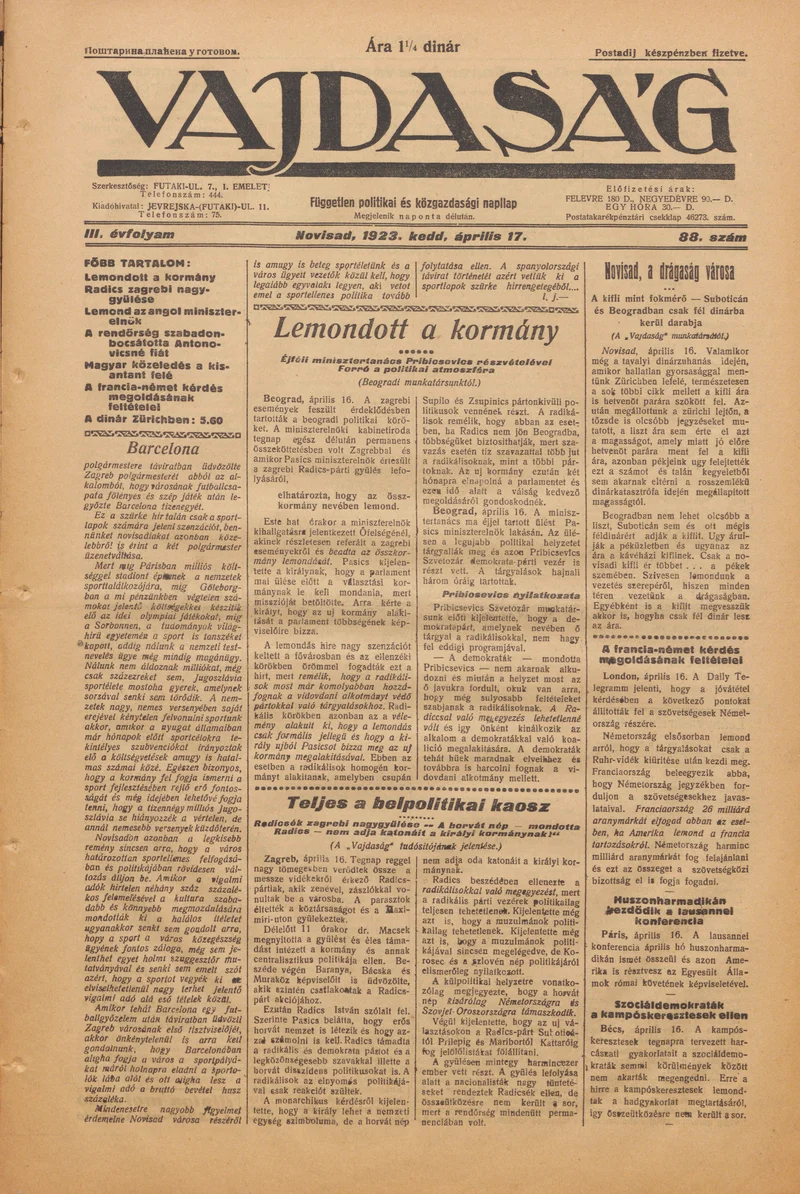 Vajdaság, 3. évf. 1923. április 17. 88. sz.