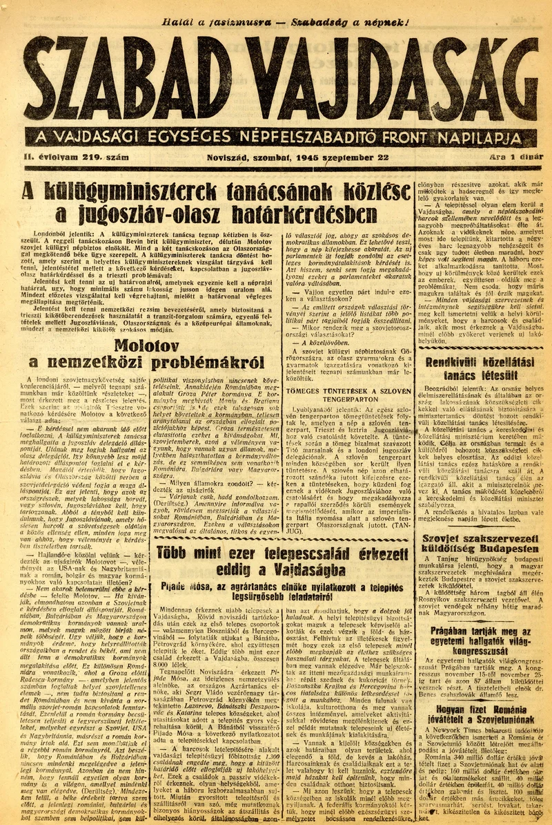 Szabad Vajdaság, 2. évf. 1945. szeptember 22. 219. sz.