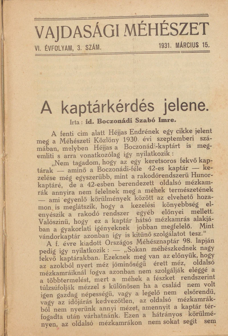 Vajdasági méhészet, 6. évf. 1931. március 15. 3. sz.