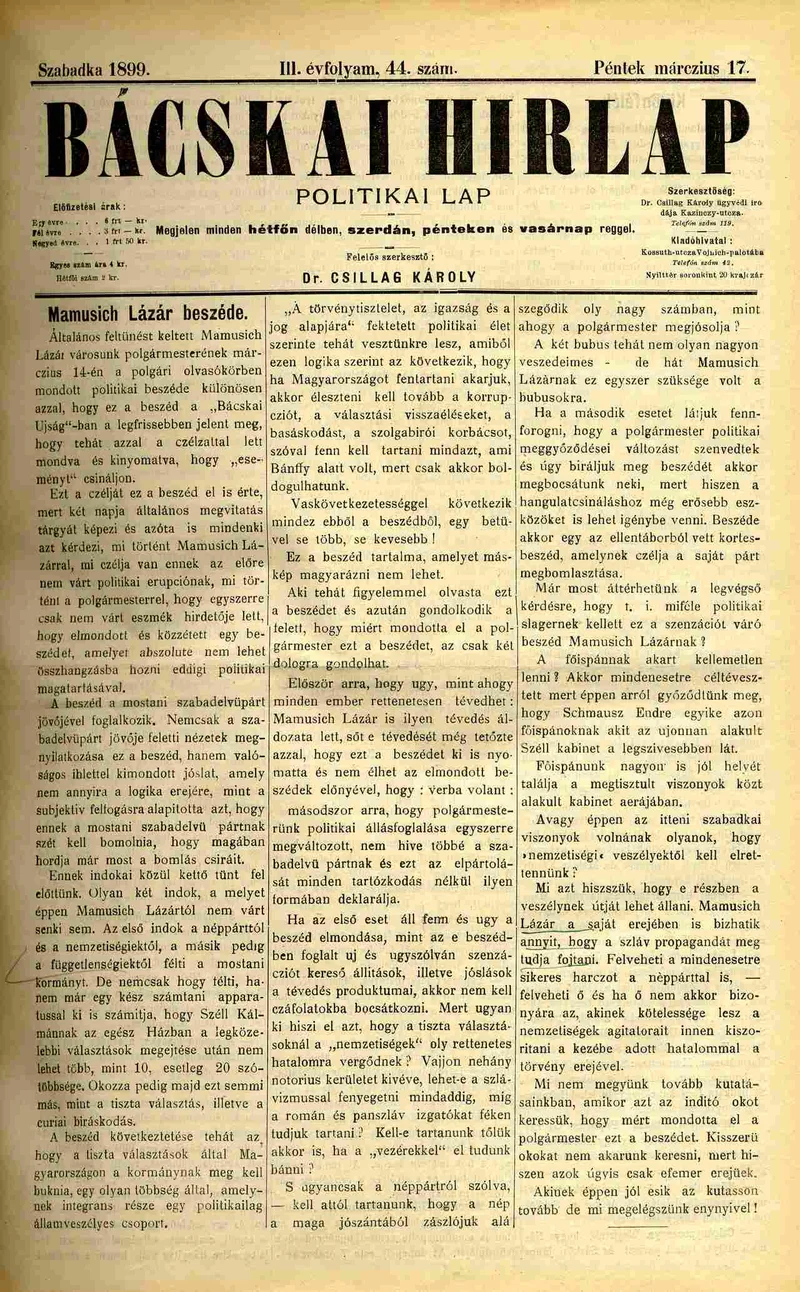 Bácskai Hirlap, 3. évf. 1899. március 17. 44. sz.