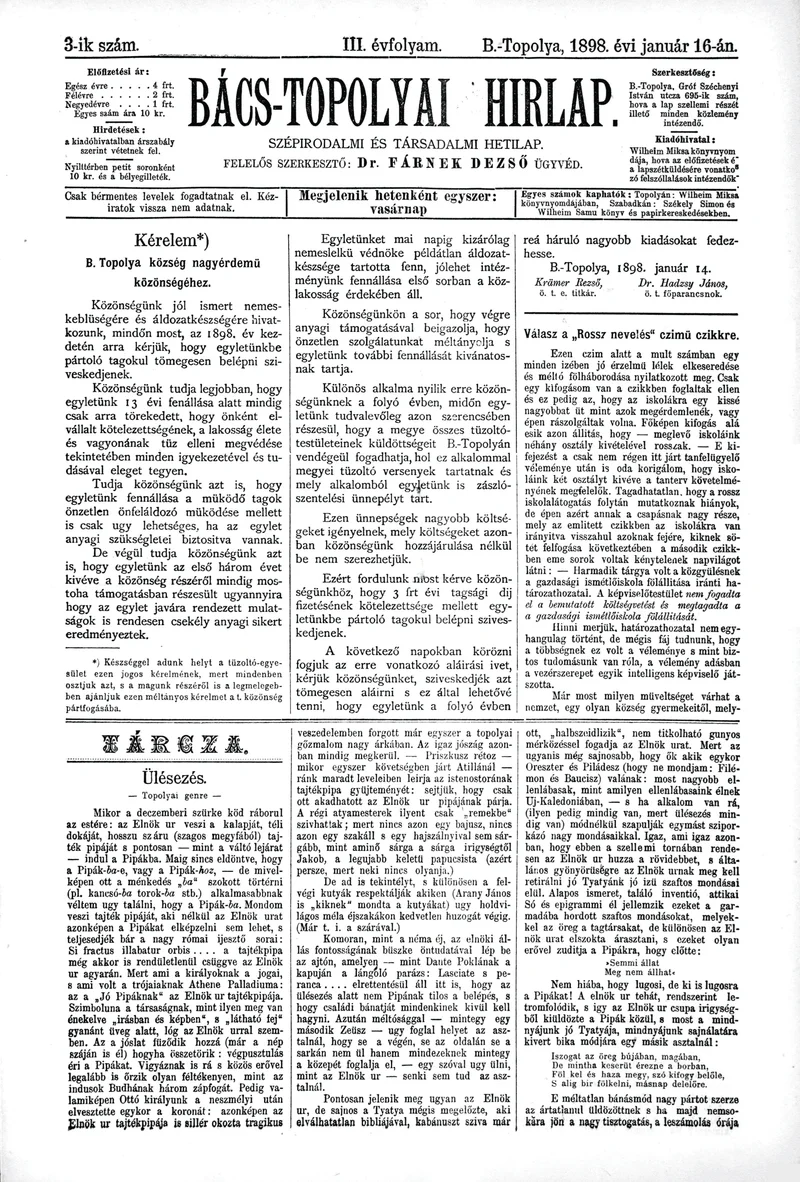 Bács-Topolyai Hirlap, 3. évf. 1898. január 16. 3. sz.