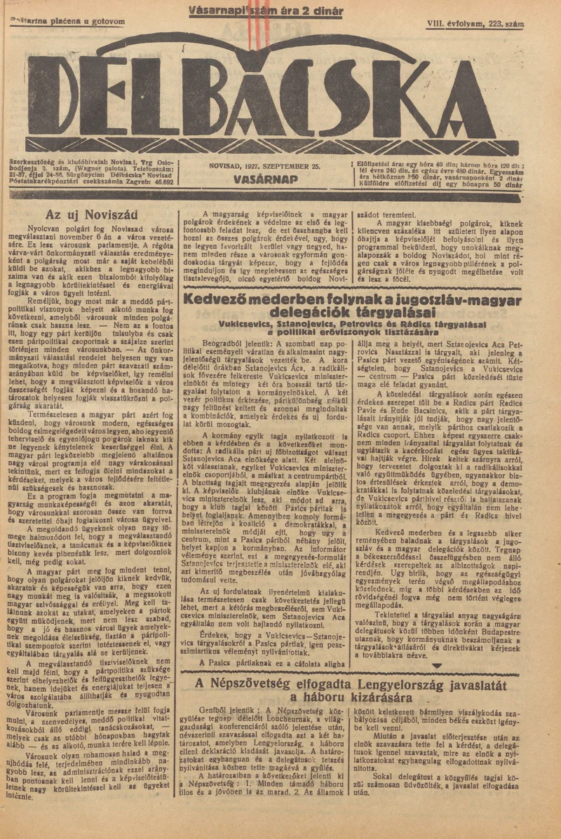 Délbácska, 8. évf. 1927. szeptember 25. 223. sz.