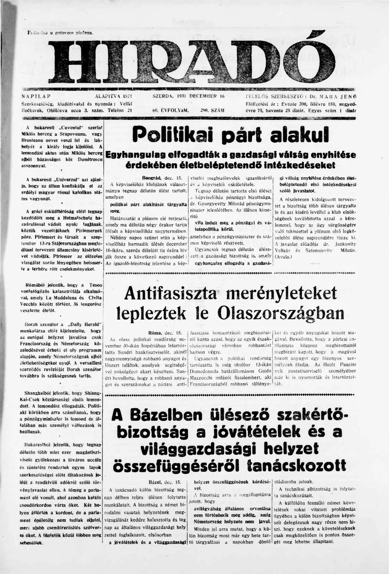 Híradó, 60. évf. 1931. december 16. 290. sz.
