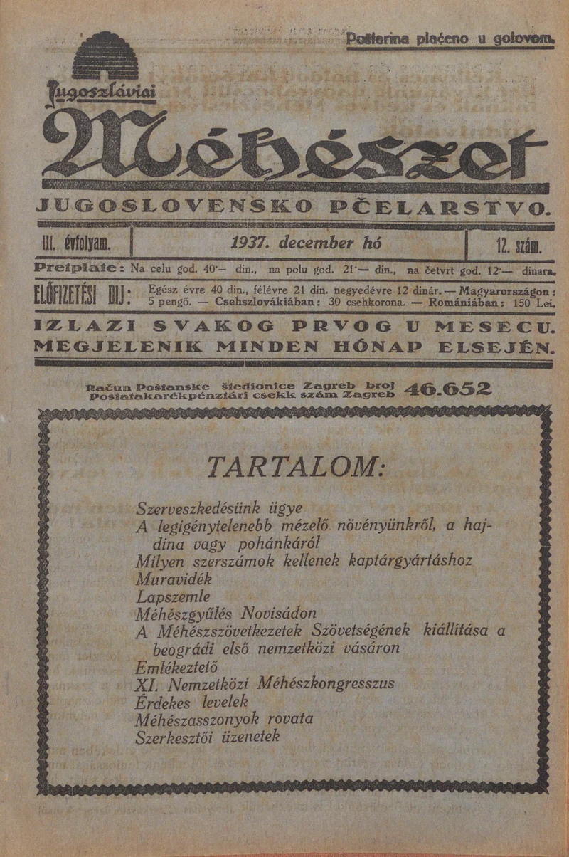 Jugoszláviai méhészet, 3. évf. 1937. december 1. 12. sz.