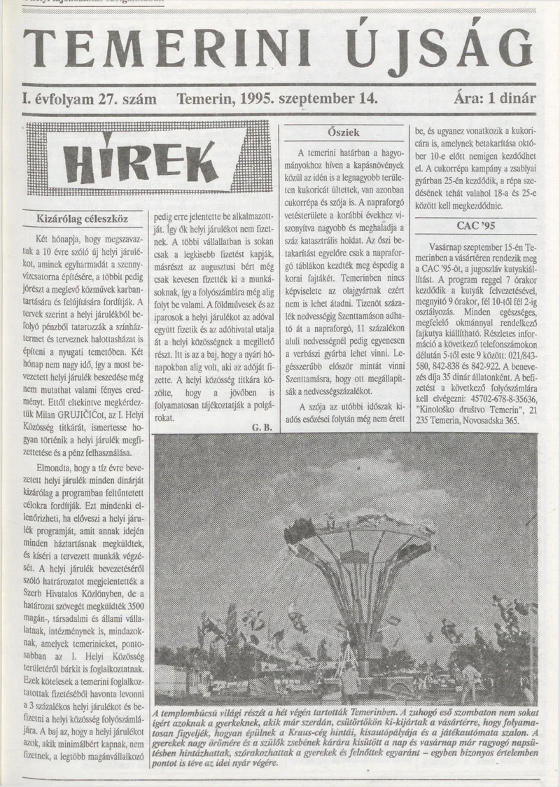 Temerini Újság, 1. évf. 1995. szeptember 14. 27. sz.