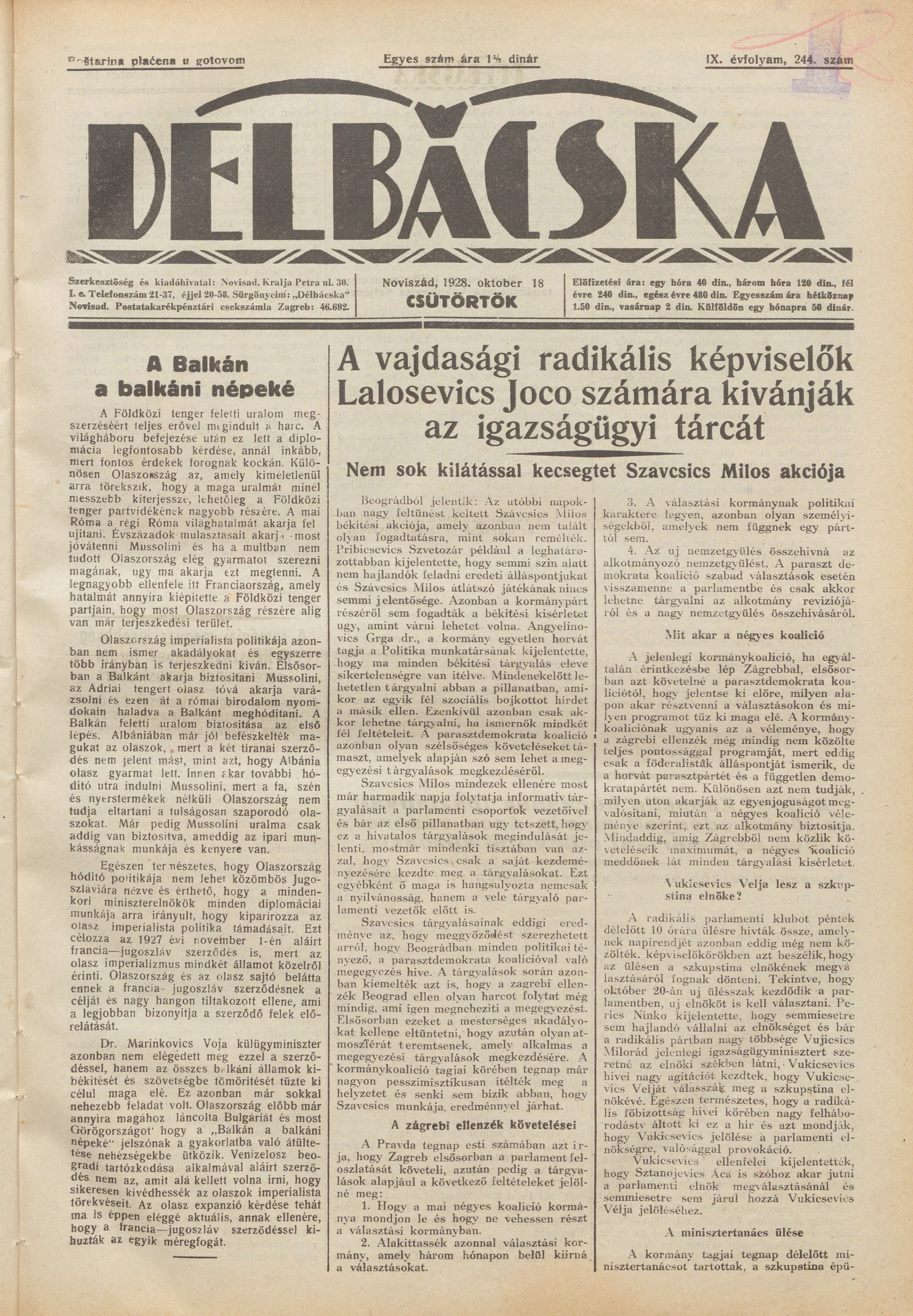 Délbácska, 9. évf. 1928. október 18. 244. sz.
