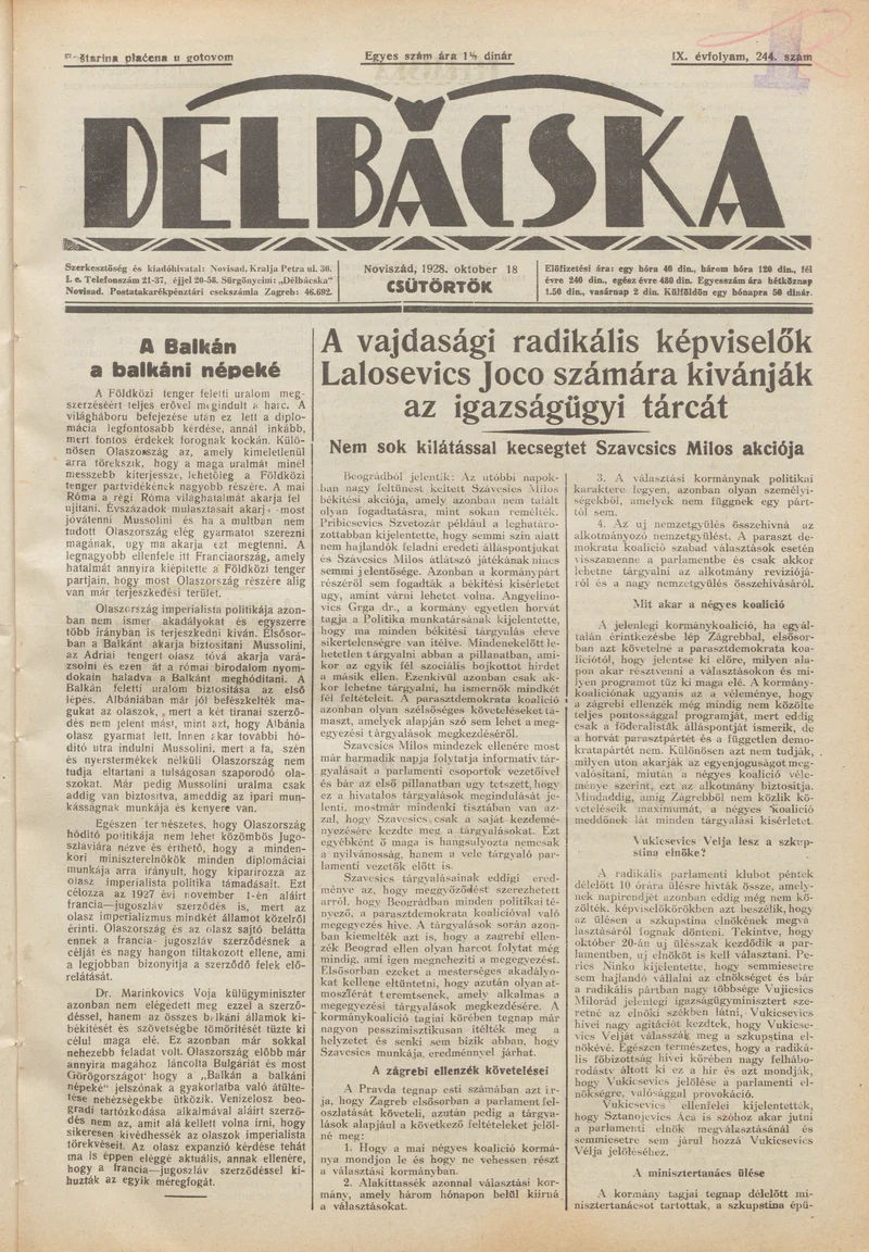 Délbácska, 9. évf. 1928. október 18. 244. sz.