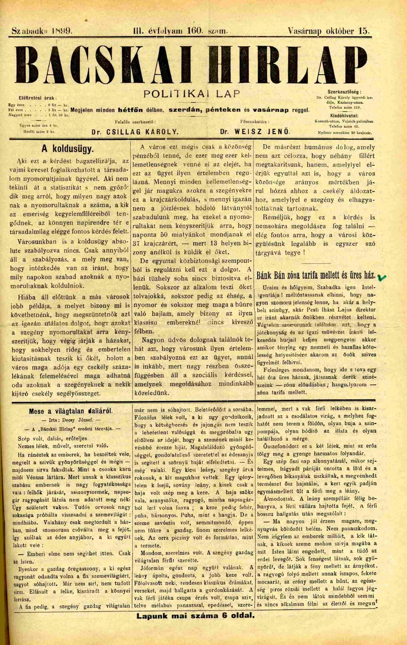 Bácskai Hirlap, 3. évf. 1899. október 15. 160. sz.