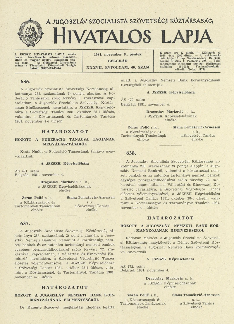 A Jugoszláv Szocialista Szövetségi Köztársaság Hivatalos Lapja, 37. évf. 1981. november 6. 60. sz. 1541–1564. oldal