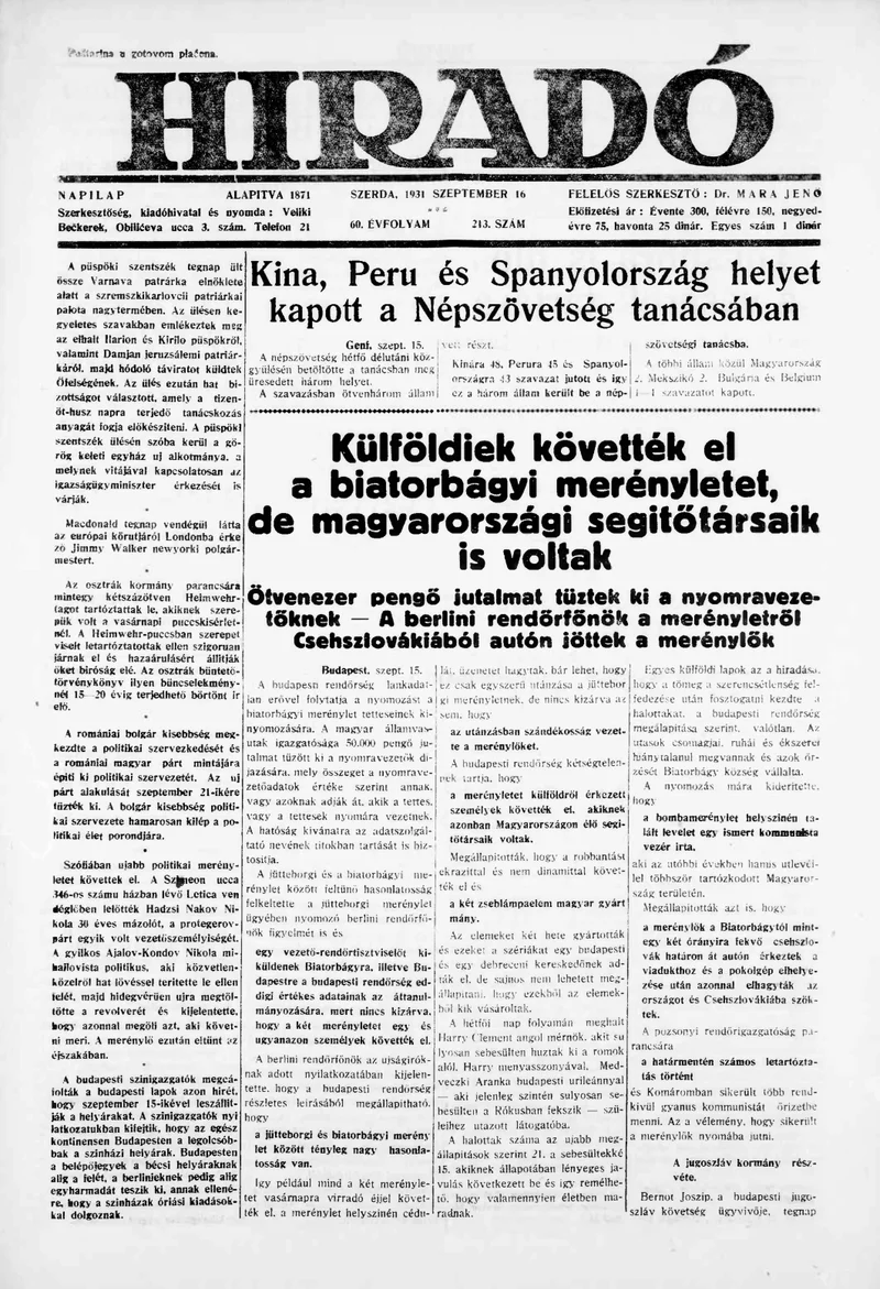 Híradó, 60. évf. 1931. szeptember 16. 213. sz.