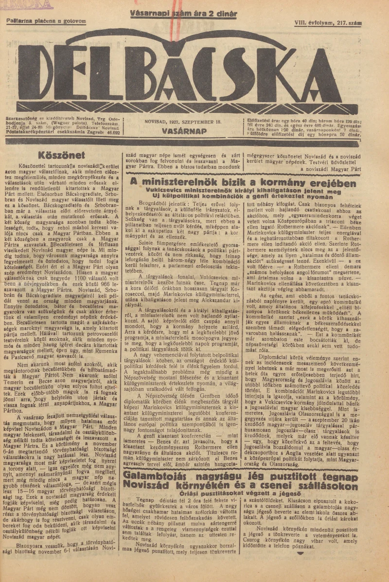 Délbácska, 8. évf. 1927. szeptember 18. 217. sz.