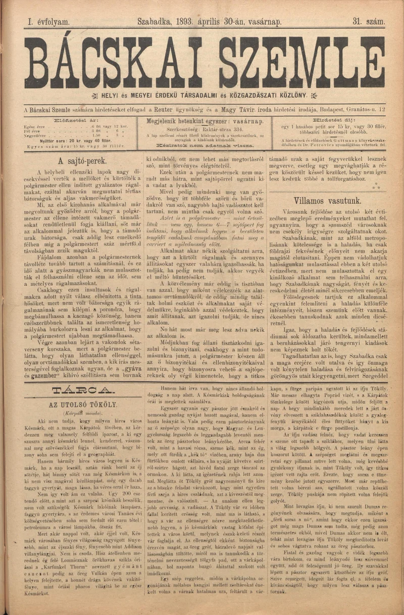 Bácskai Szemle, 1. évf. 1893. április 30. 31. sz.