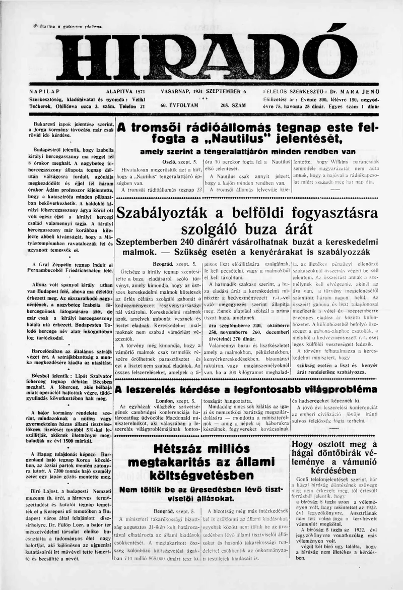 Híradó, 60. évf. 1931. szeptember 6. 205. sz.