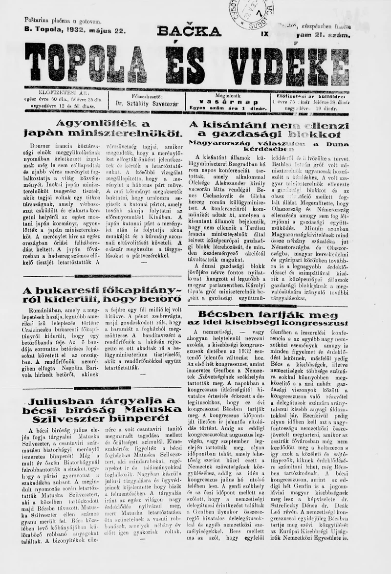 Bačka Topola és Vidéke, 9. évf. 1932. május 22. 21. sz.