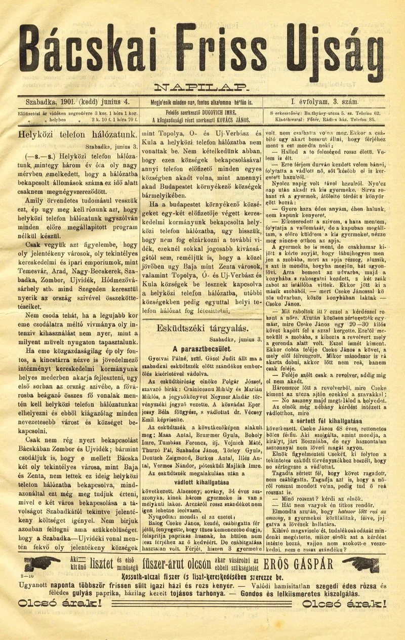 Bácskai Friss Ujság, 1. évf. 1901. június 4. 3. sz.