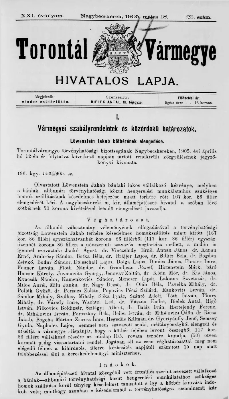Torontál Vármegye Hivatalos Lapja, 21. évf. 1905. május 18. 25. sz.
