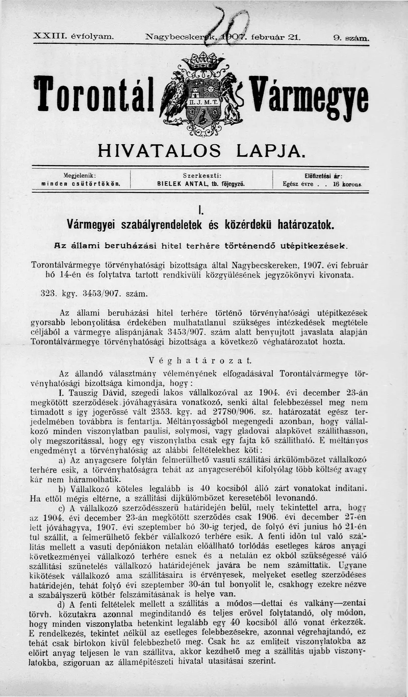 Torontál Vármegye Hivatalos Lapja, 23. évf. 1907. február 21. 9. sz.