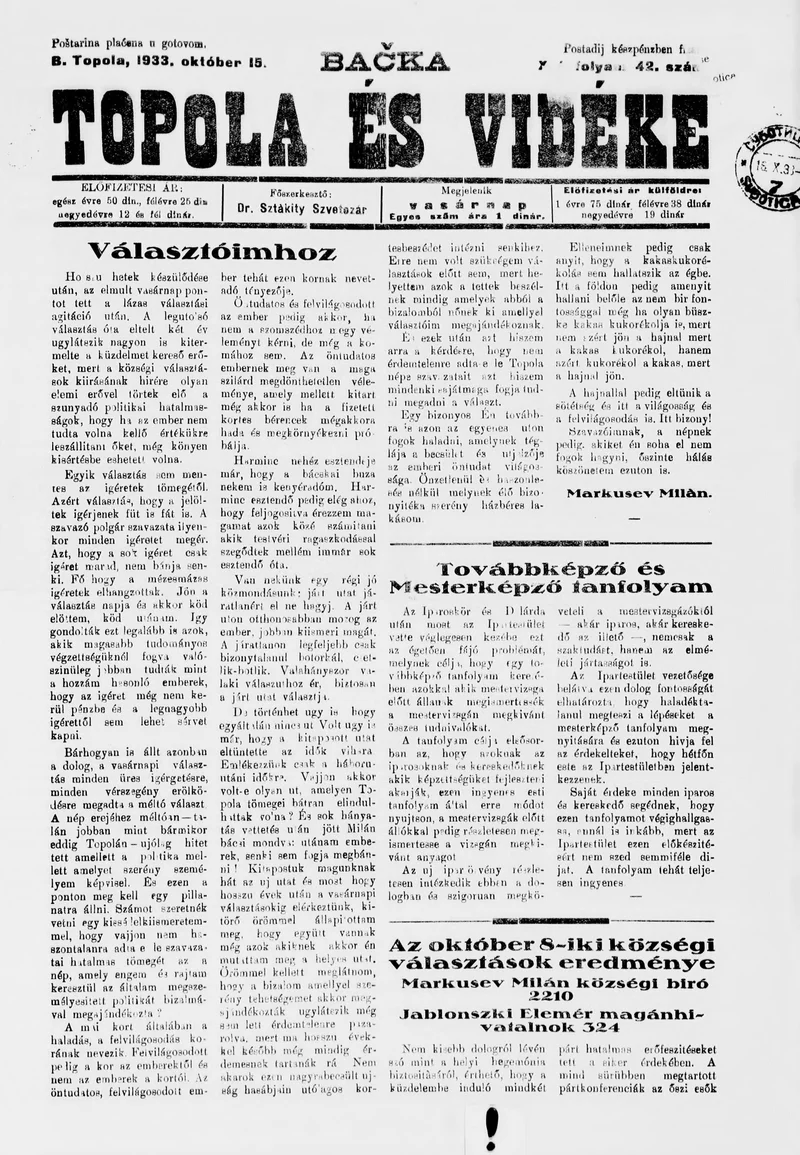 Bačka Topola és Vidéke, 10. évf. 1933. október 15. 42. sz.