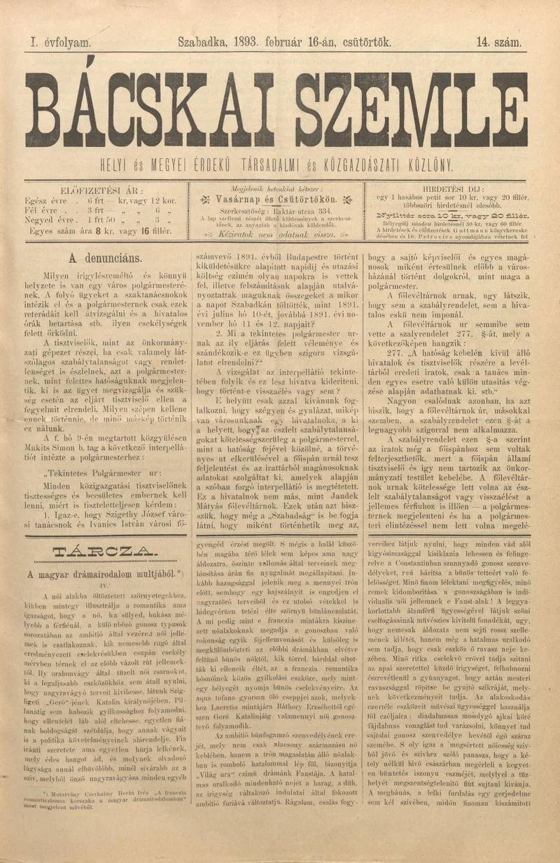 Bácskai Szemle, 1. évf. 1893. február 16. 14. sz.