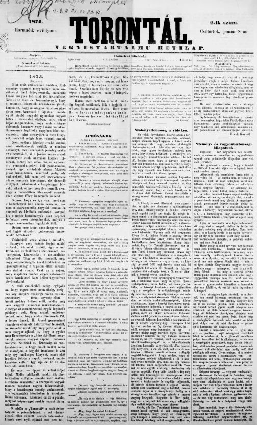 Torontál, 3. évf. 1874. január 8. 2. sz.