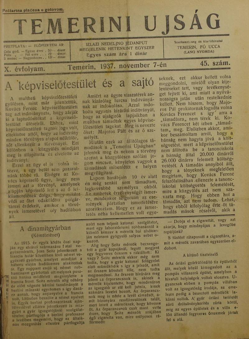 Temerini Újság 1928-1944, 10. évf. 1937. november 7. 45. sz.