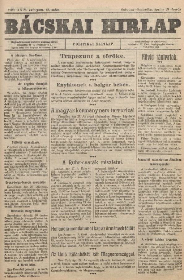 Bácskai Hirlap, 24. évf. 1920. április 28. 48. sz.