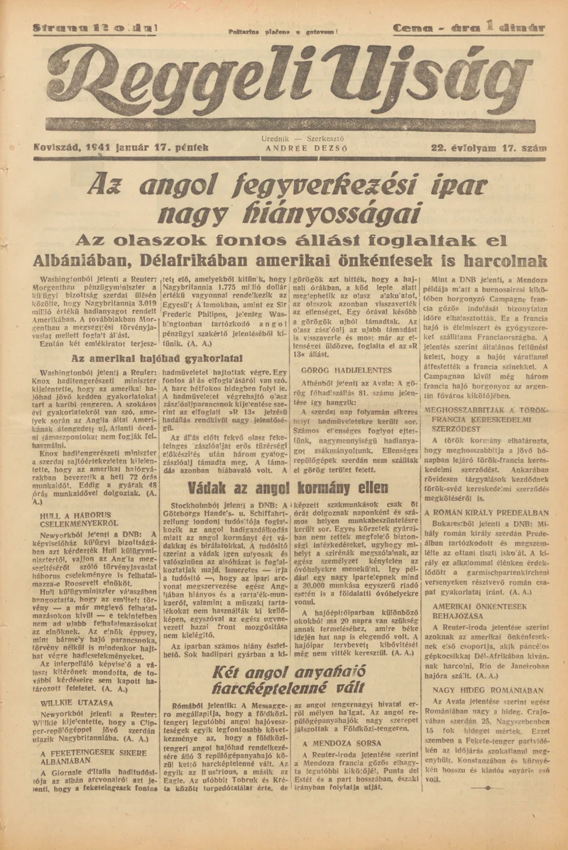 Reggeli Újság, 22. évf. 1941. január 17. 17. sz.
