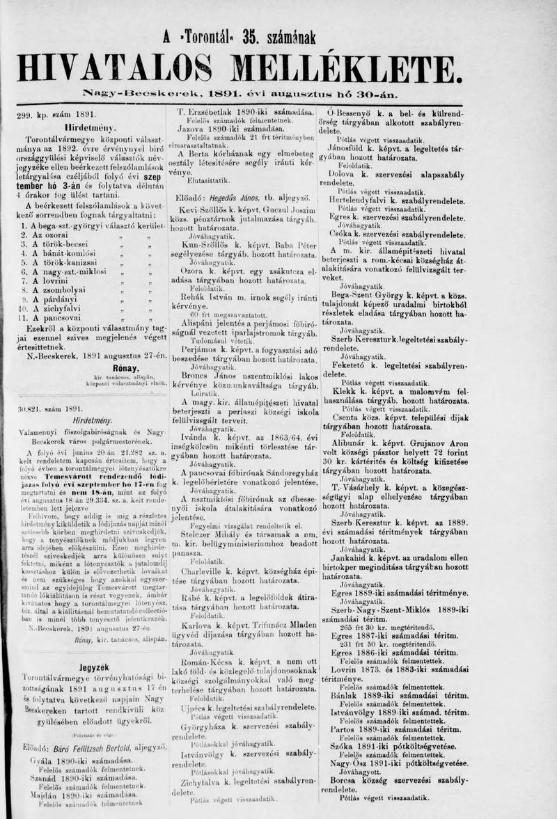 A Totontál  hivatalos melléklete, 4. évf. 1891. augusztus 30. 35. sz.