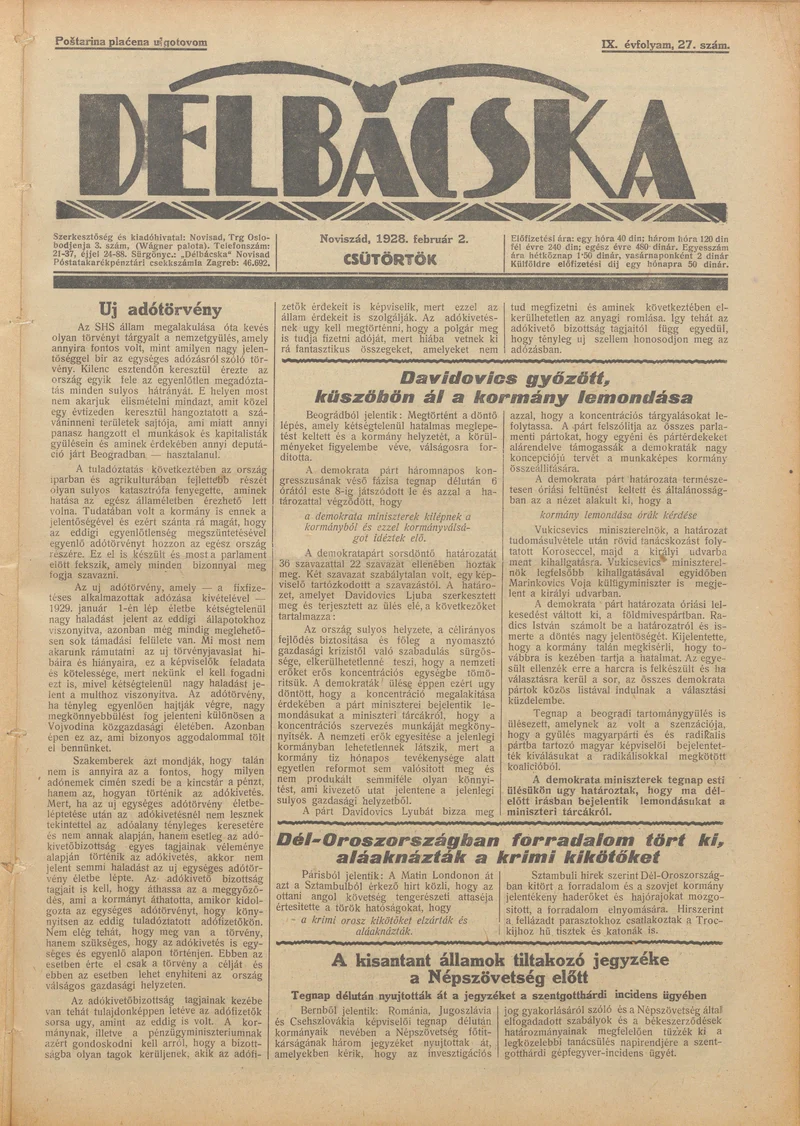 Délbácska, 9. évf. 1928. február 2. 27. sz.