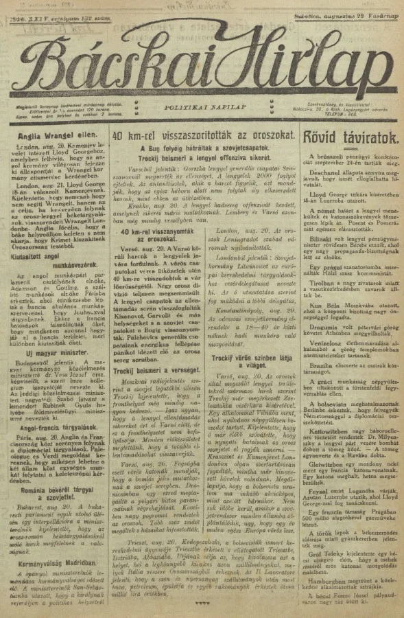 Bácskai Hirlap, 24. évf. 1920. augusztus 22. 132. sz.