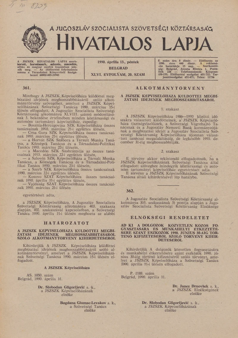 A Jugoszláv Szocialista Szövetségi Köztársaság Hivatalos Lapja, 46. évf. 1990. április 13. 20. sz. 817–844. oldal