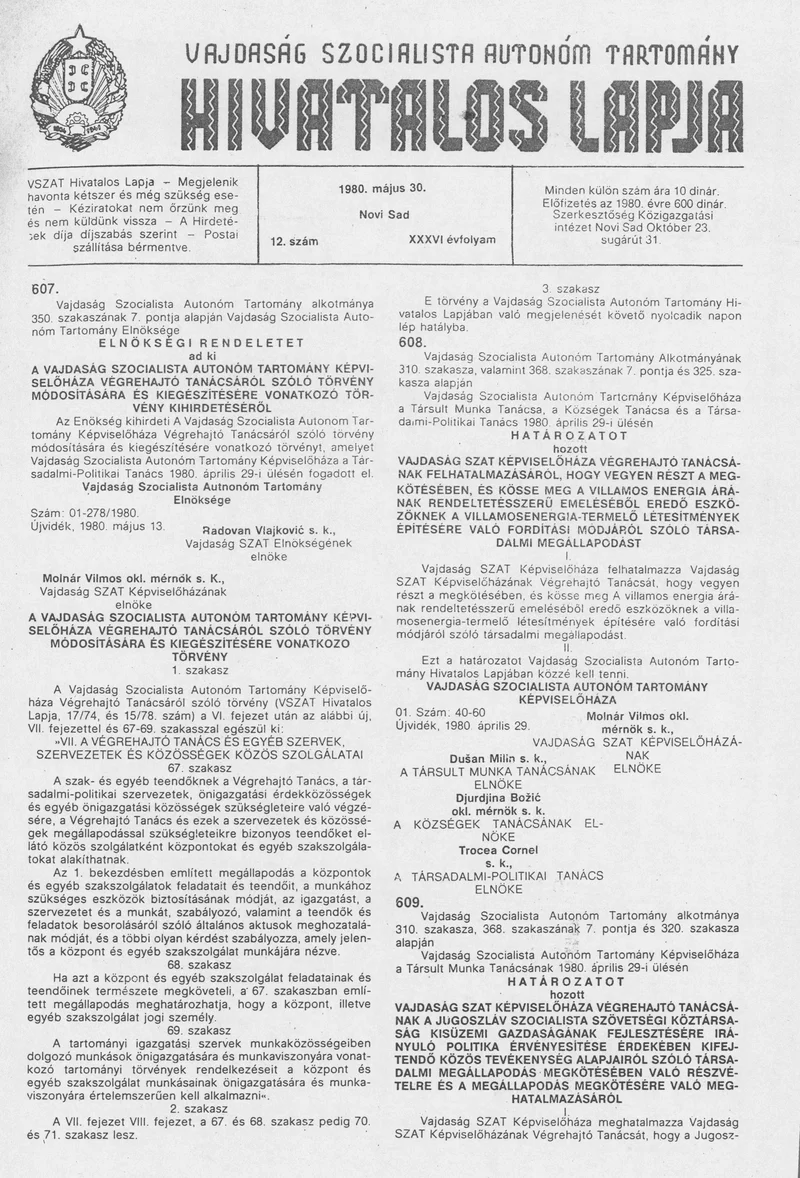 Vajdaság Szocialista Autonóm Tartomány Hivatalos Lapja, 36. évf. 1980. május 30. 12. sz. 719–722. oldal