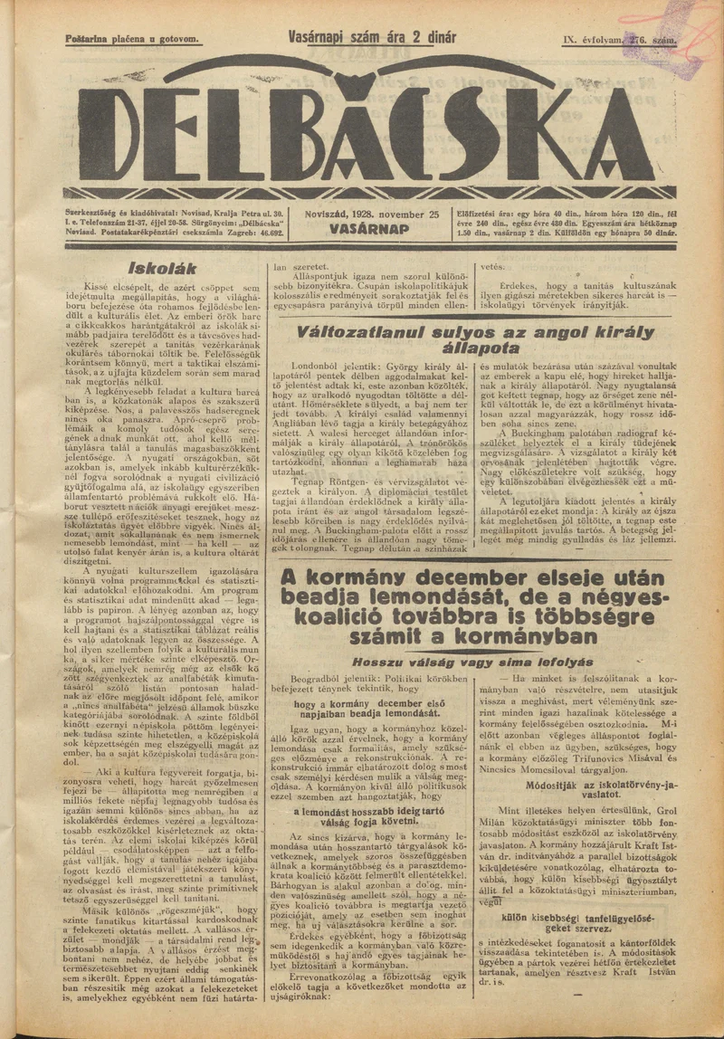 Délbácska, 9. évf. 1928. november 25. 276. sz.