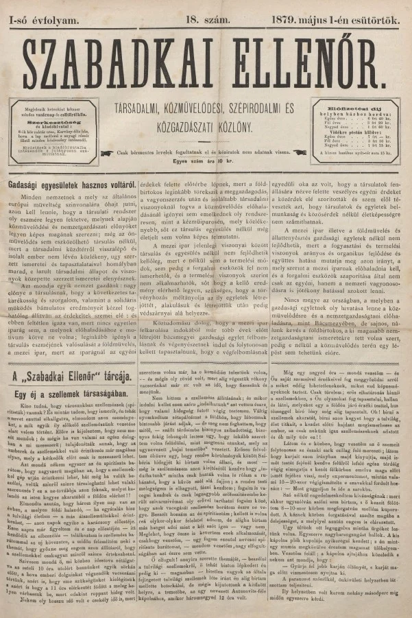 Szabadkai Ellenőr, 1. évf. 1879. május 1. 18. sz.