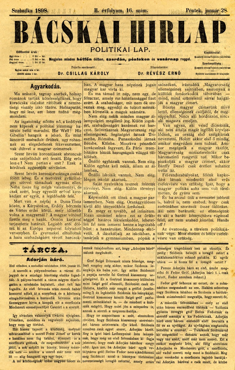 Bácskai Hirlap, 2. évf. 1898. január 28. 16. sz. 1–4. oldal