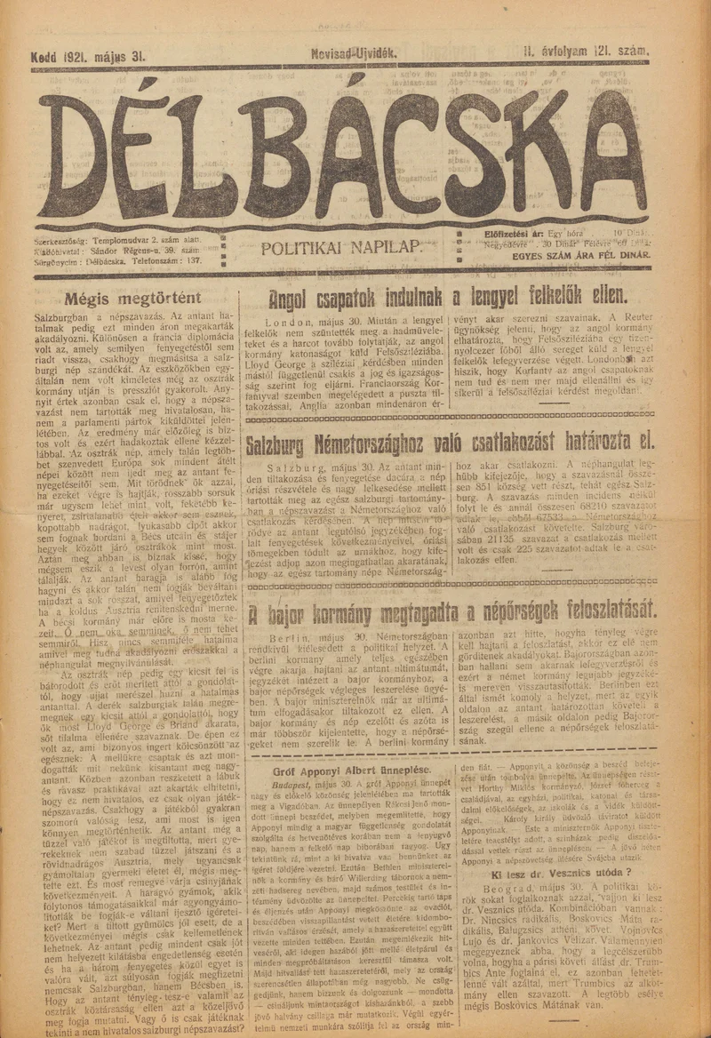 Délbácska, 2. évf. 1921. május 31. 121. sz.