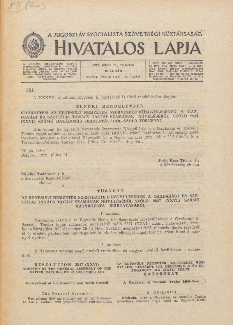 A Jugoszláv Szocialista Szövetségi Köztársaság Hivatalos Lapja, 28. évf. 1972. július 27. 39. sz. 817–848. oldal