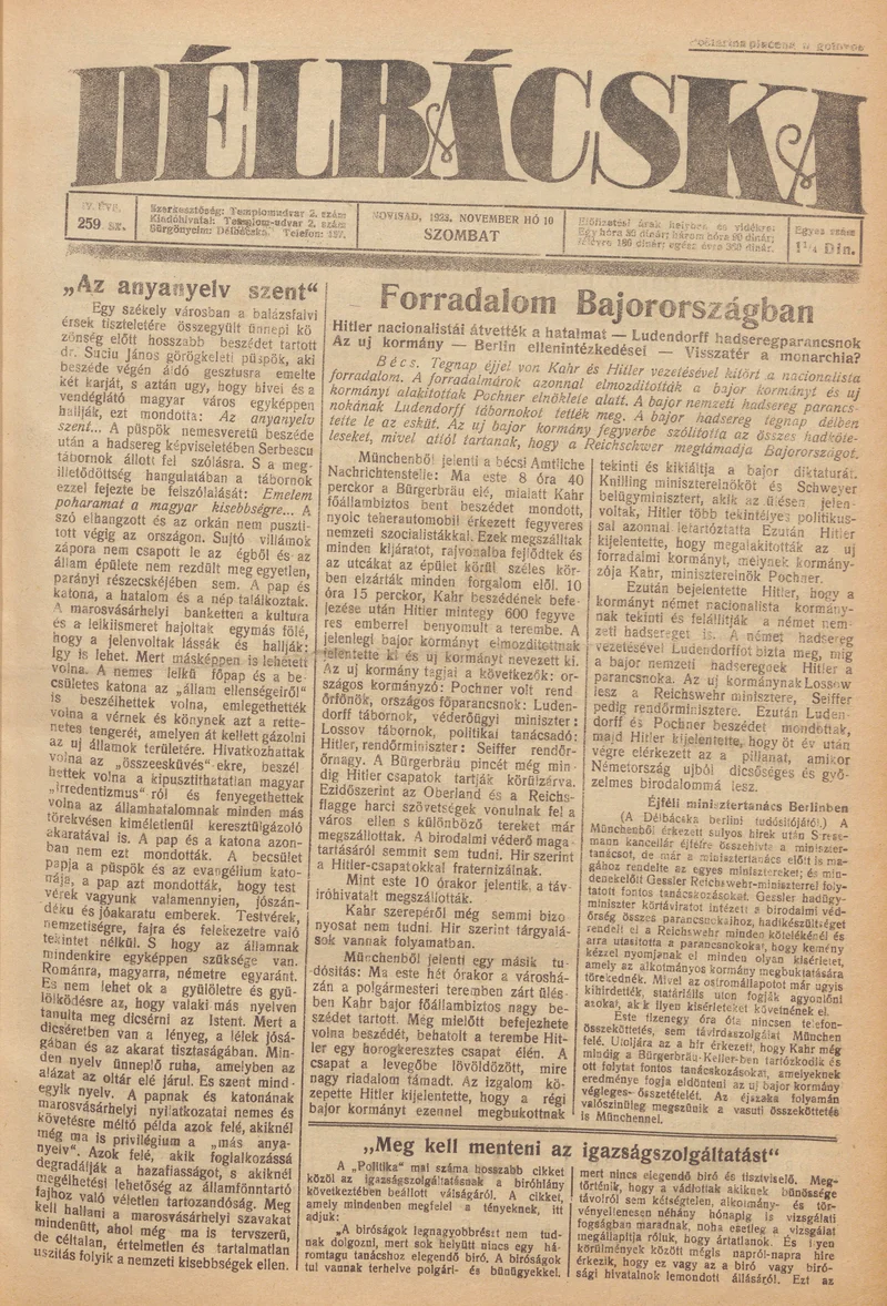 Délbácska, 4. évf. 1923. november 10. 259. sz.