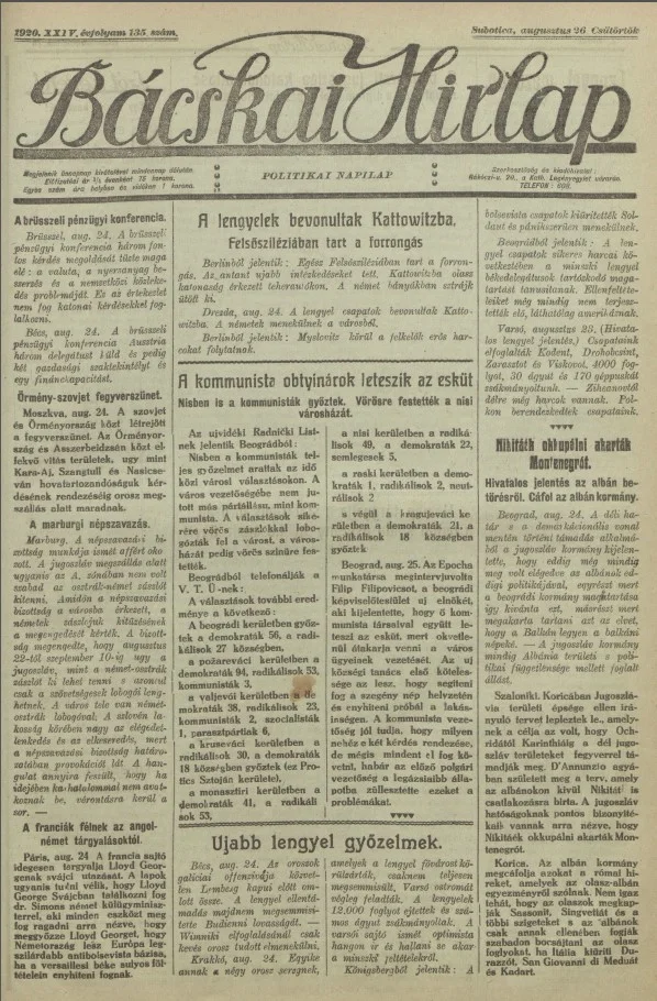 Bácskai Hirlap, 24. évf. 1920. augusztus 26. 135. sz.