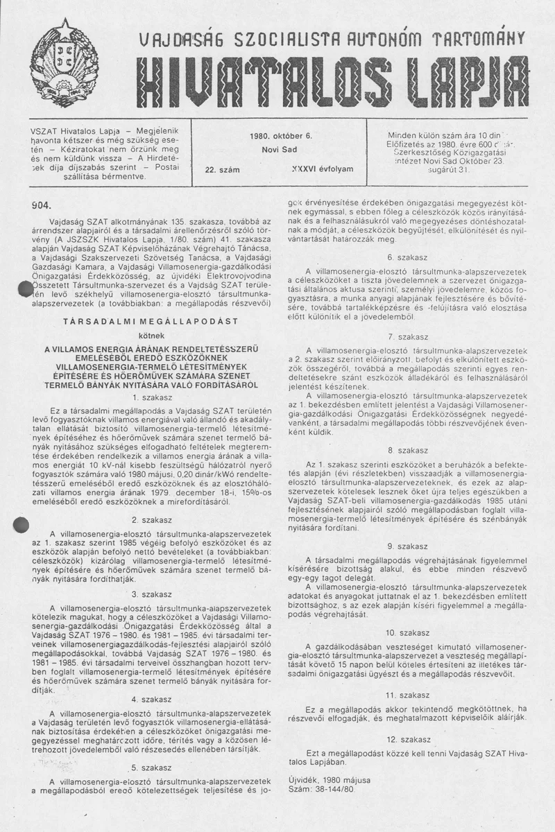 Vajdaság Szocialista Autonóm Tartomány Hivatalos Lapja, 36. évf. 1980. október 6. 22. sz. 1067–1074. oldal