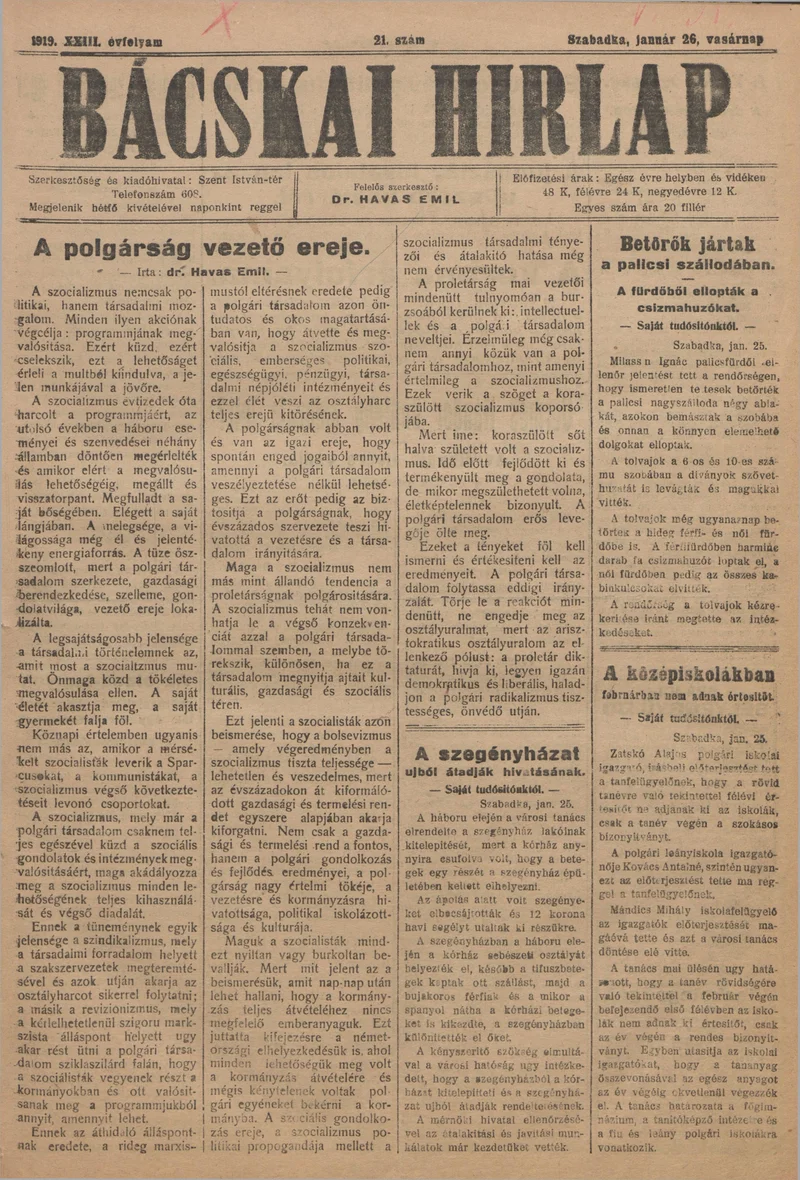 Bácskai Hirlap, 23. évf. 1919. január 26. 21. sz.