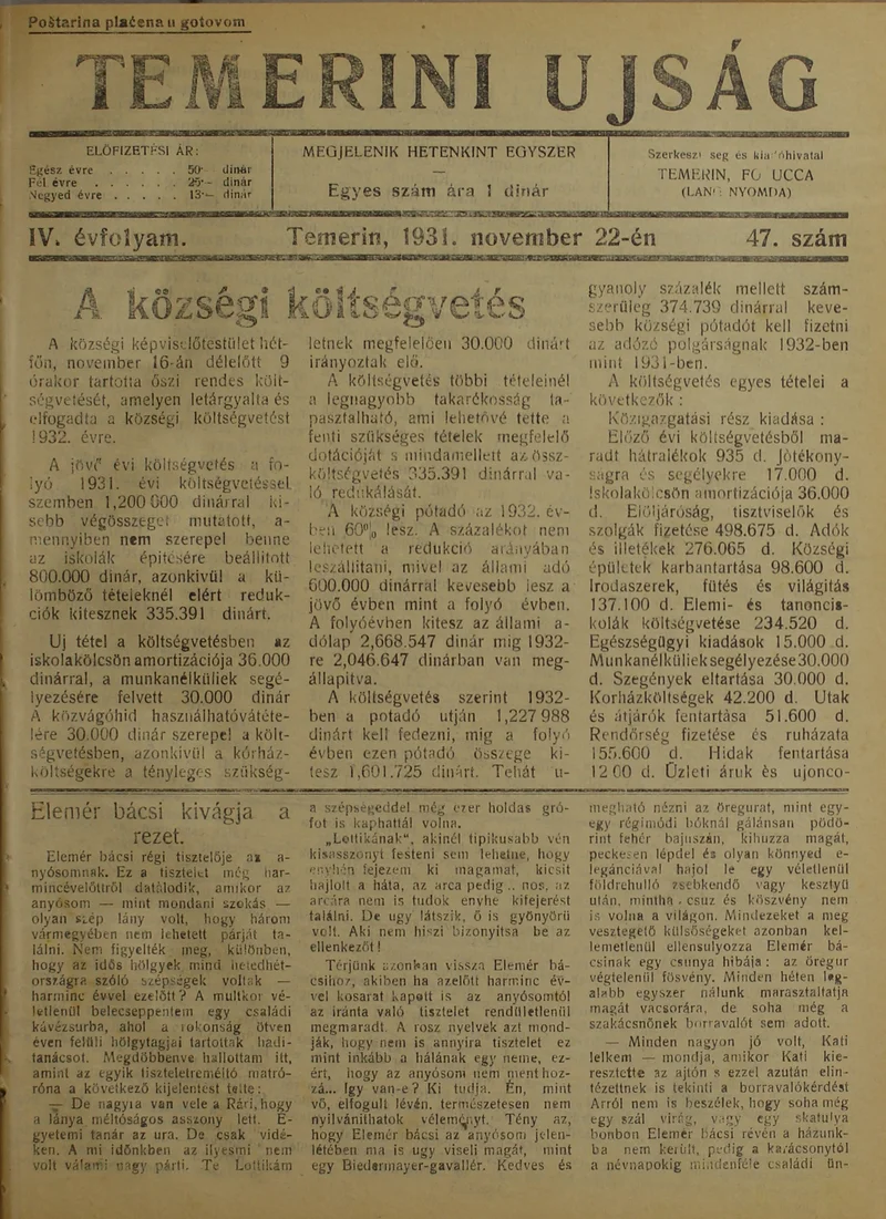 Temerini Újság 1928-1944, 4. évf. 1931. november 22. 47. sz.