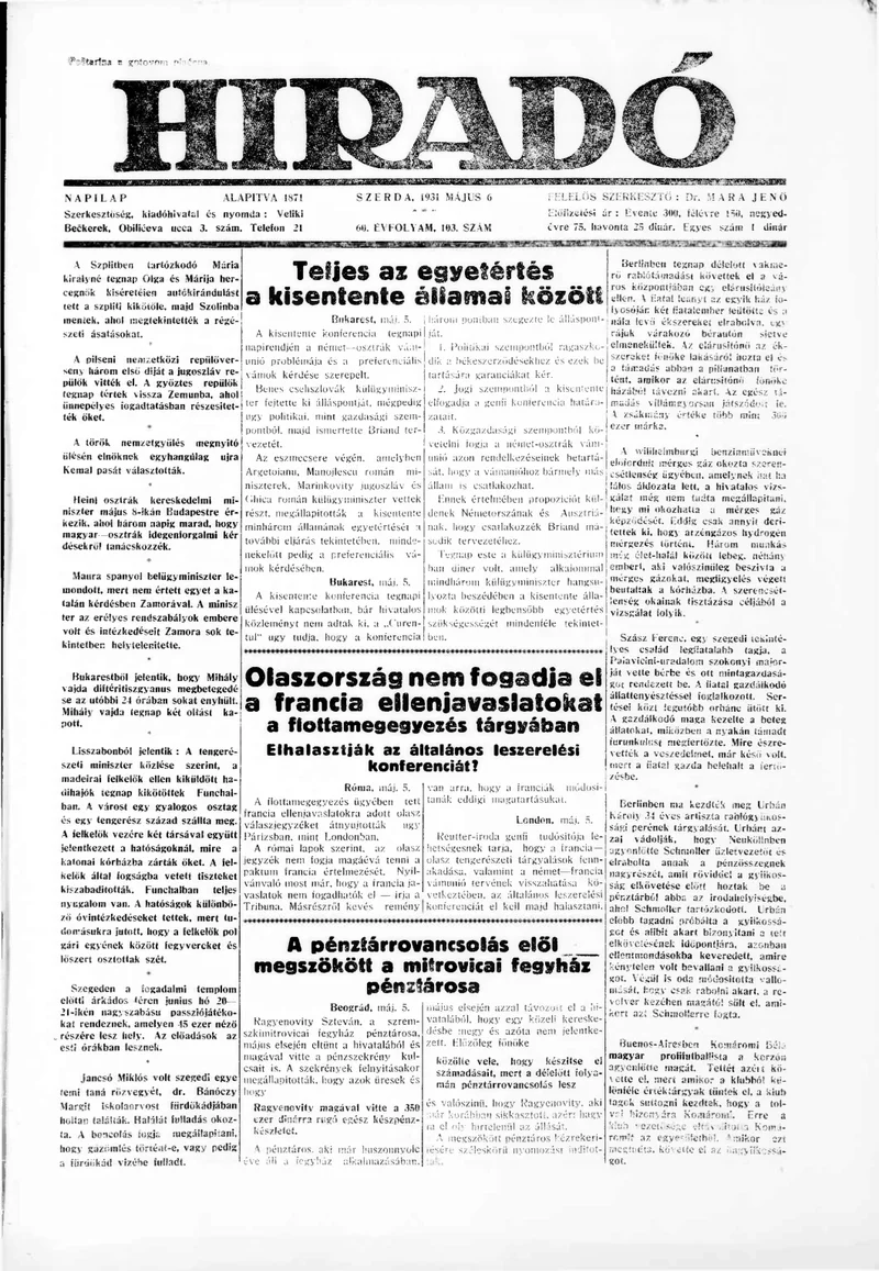 Híradó, 60. évf. 1931. május 6. 103. sz.