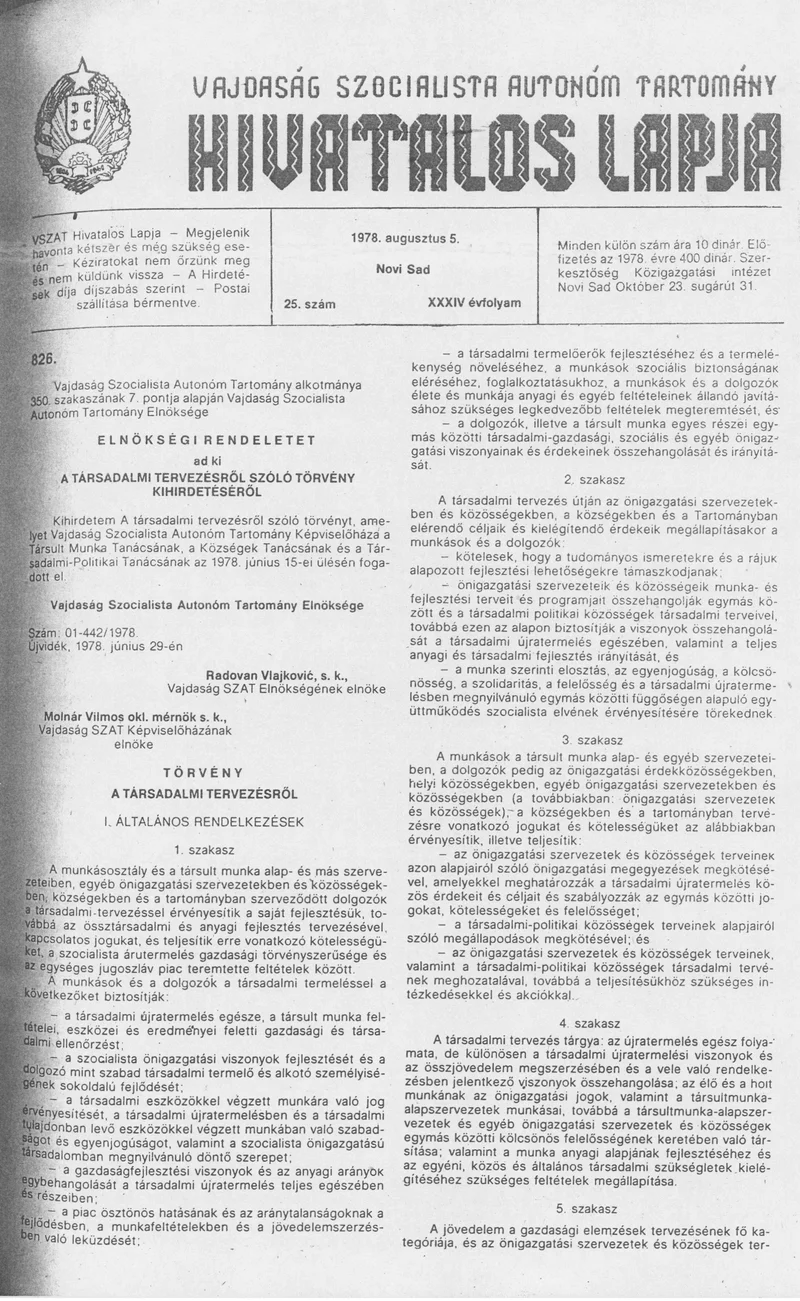Vajdaság Szocialista Autonóm Tartomány Hivatalos Lapja, 34. évf. 1978. augusztus 5. 25. sz. 1033–1072. oldal