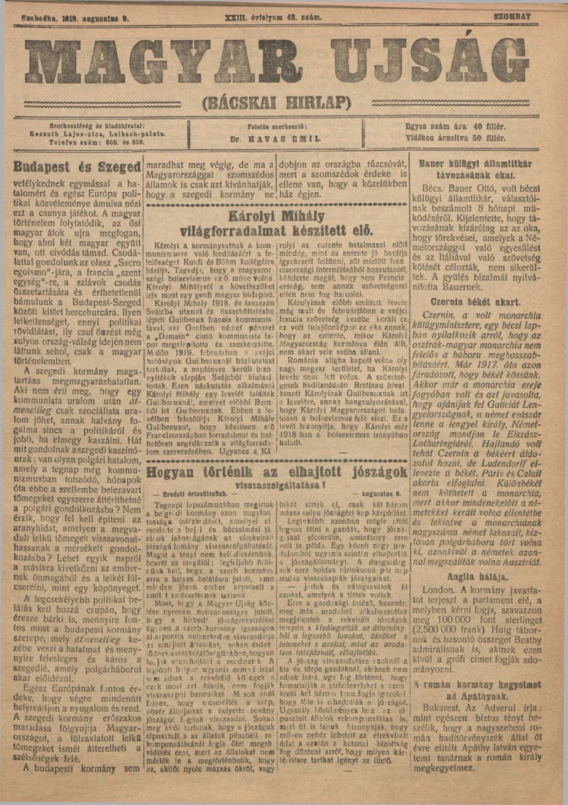 Bácskai Hirlap, 23. évf. 1919. augusztus 9. 48. sz.